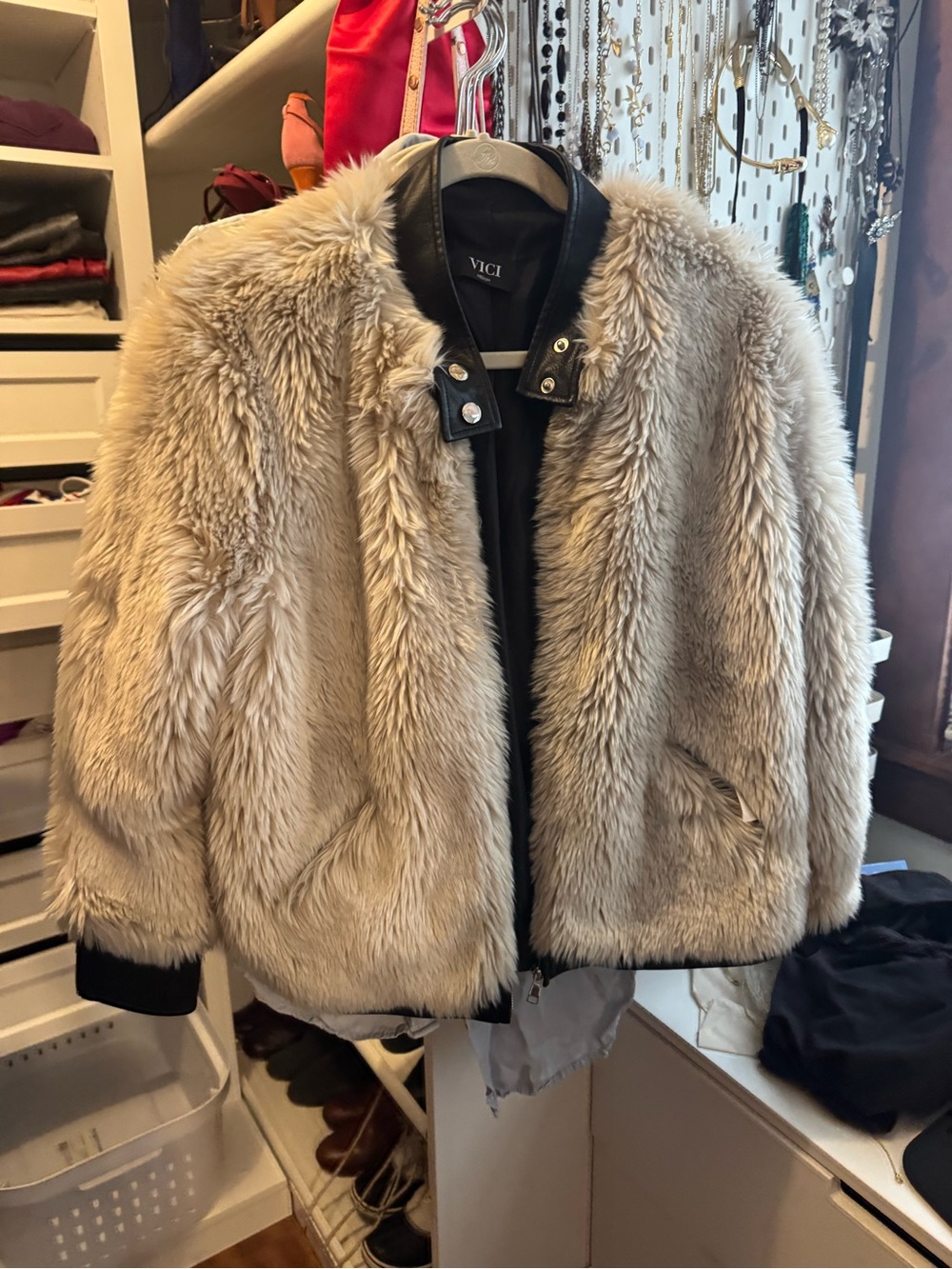 VICI Cream Faux Fur Bomber Jacket with Black Trim Accents